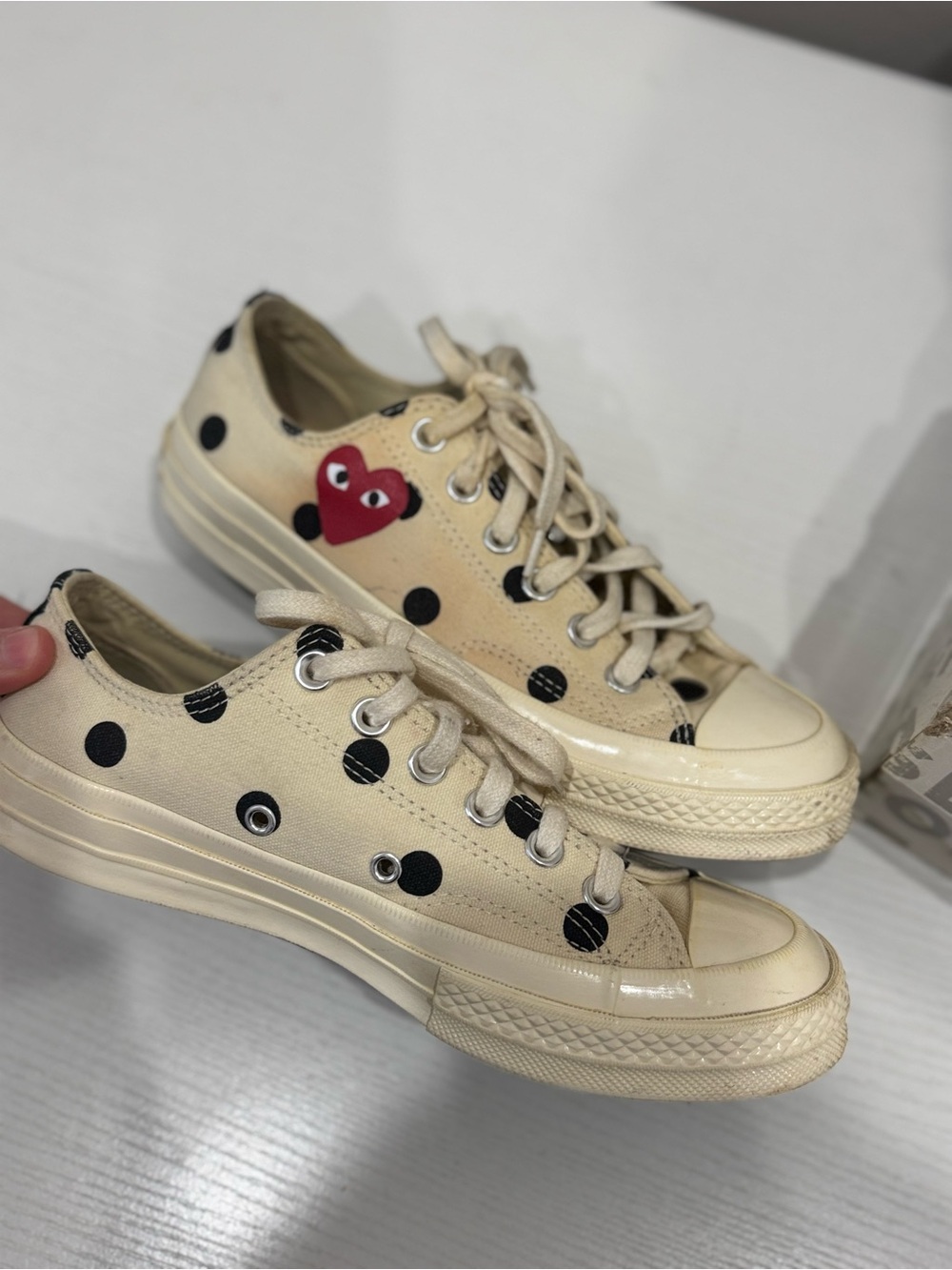Converse Cream Polka Dot Low Top Sneakers with Red Heart